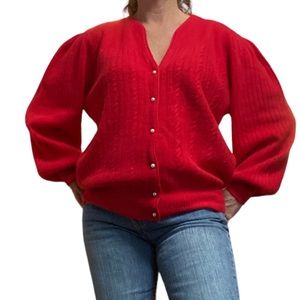 Lambswool Angora Victoria Jones Vintage Cardigan Puffy Shoulder Sweater Red